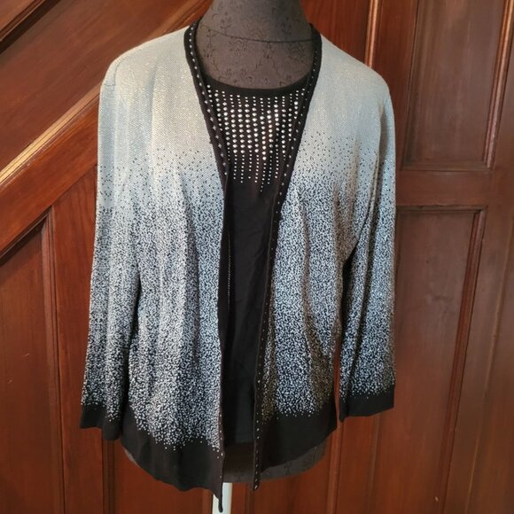 Alfred Dunner Petite PL Silver & Black Beaded Cardigan Sweater Set - Picture 1 of 5